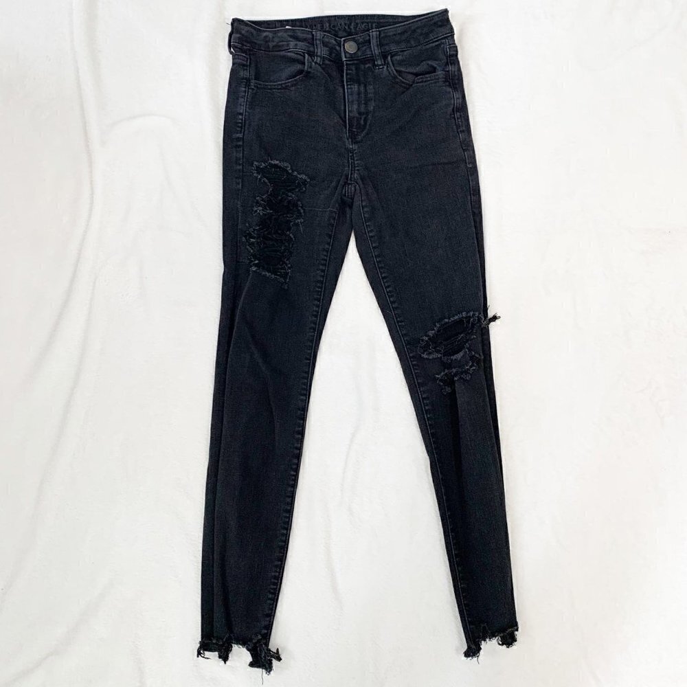 American Eagle Hi-Rise Jegging Women 6 Black Distressed Raw Hem Ne(x)t Level